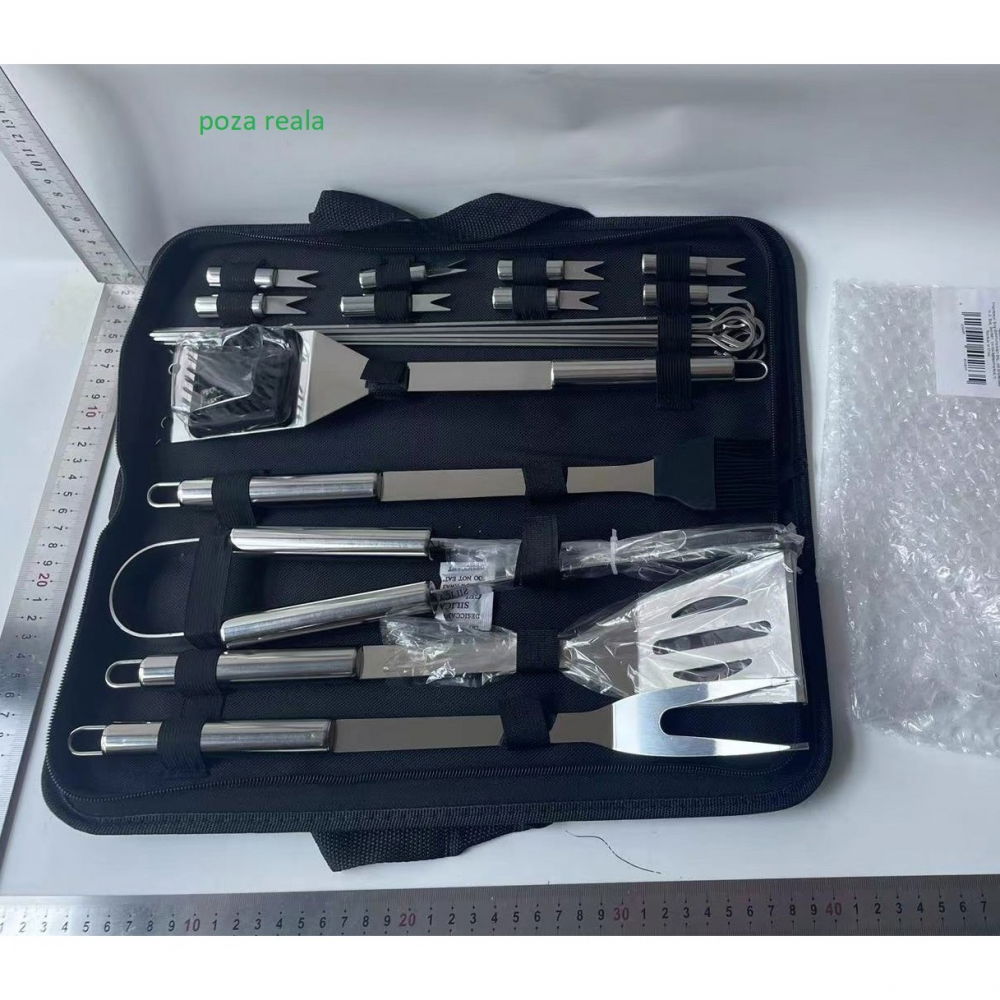 Set 18 ustensile pentru gratar, din otel inoxidabil, geanta oxford, argintiu [2]