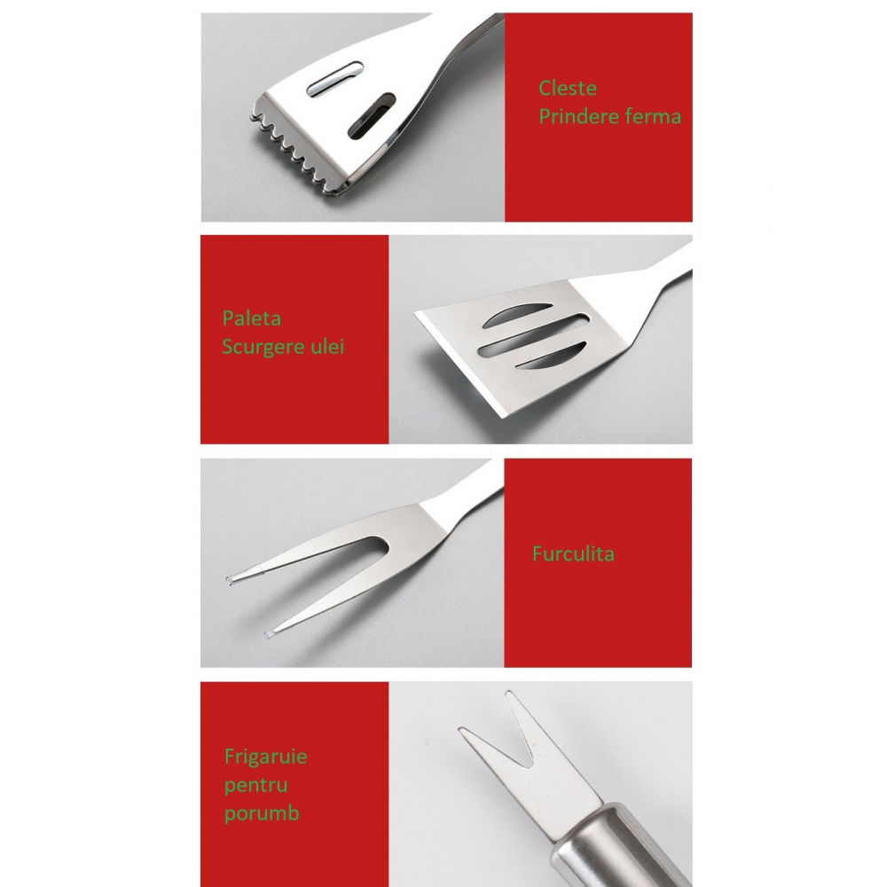 Set 18 ustensile pentru gratar, din otel inoxidabil, geanta oxford, argintiu [6]