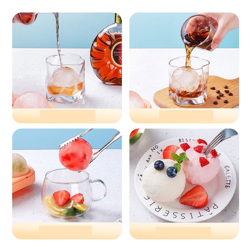 Set 2 forme sfere de gheata pentru wiskey si cocktail-uri  4 sfere, material plastic/silicon alimentar, diametru 6.5 cm, cu orificiu tip palnie pentru umplere, 17 x 17 x 7 cm, multicolor [11]