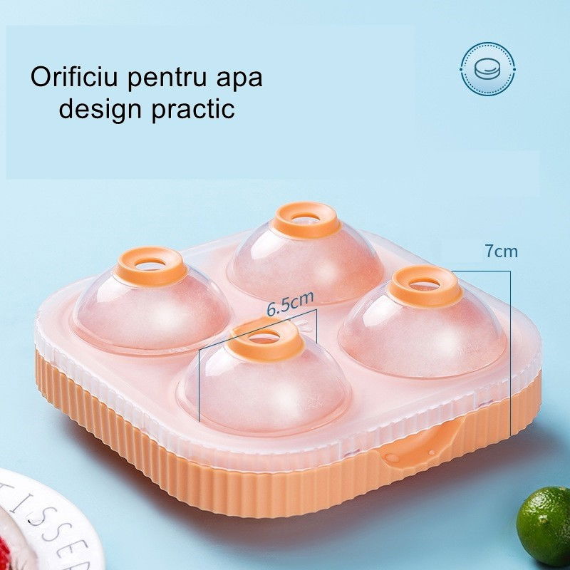Set 2 forme sfere de gheata pentru wiskey si cocktail-uri  4 sfere, material plastic/silicon alimentar, diametru 6.5 cm, cu orificiu tip palnie pentru umplere, 17 x 17 x 7 cm, multicolor [9]