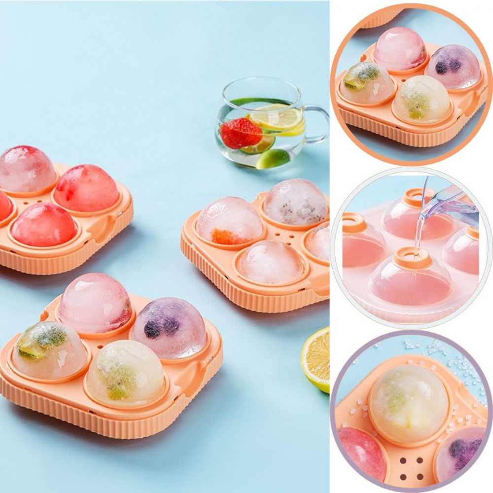 Set 2 forme sfere de gheata pentru wiskey si cocktail-uri  4 sfere, material plastic/silicon alimentar, diametru 6.5 cm, cu orificiu tip palnie pentru umplere, 17 x 17 x 7 cm, multicolor [2]