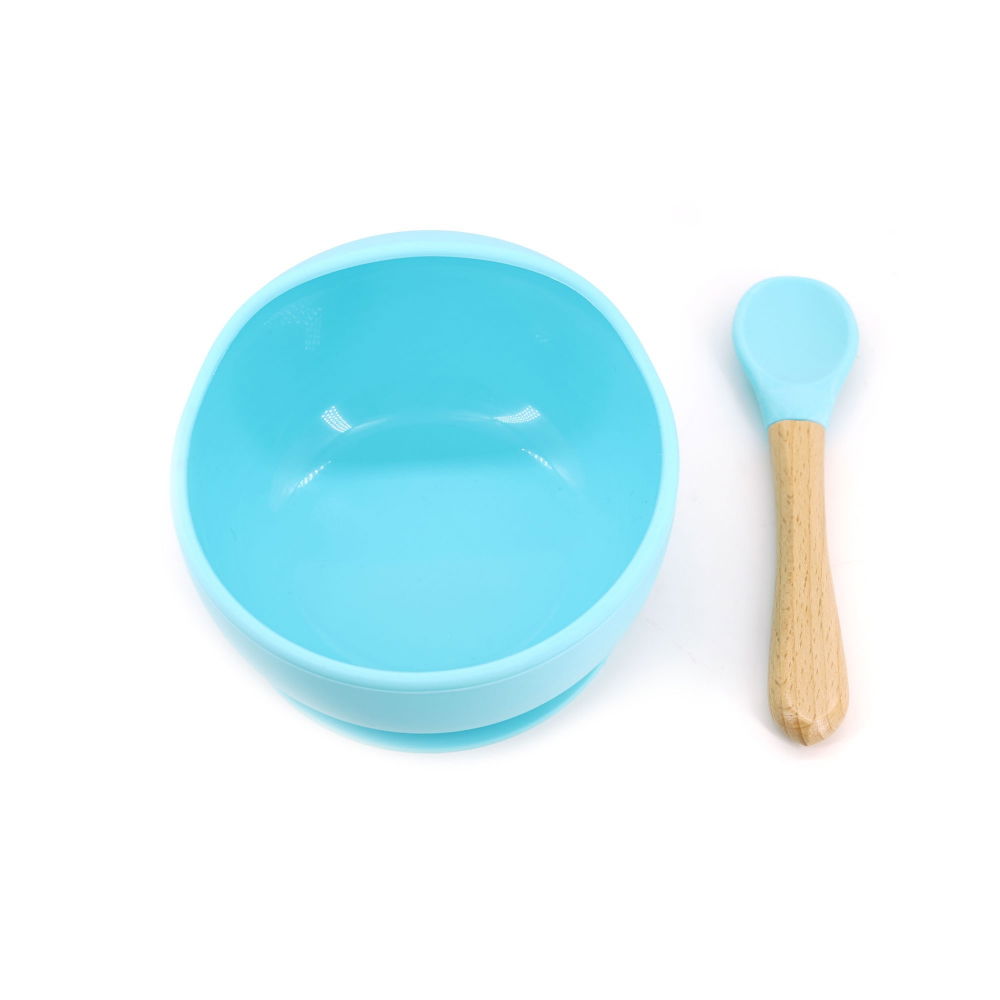 Set 2 piese diversificare bebelusi si copii din silicon  bol cu ventuza, lingurita din lemn si silicon, pentru gustari, fara alergeni, albastru [1]