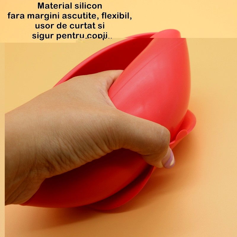 Set 2 piese diversificare bebelusi si copii din silicon  bol cu ventuza, lingurita din lemn si silicon, pentru gustari, fara alergeni, rosu [3]