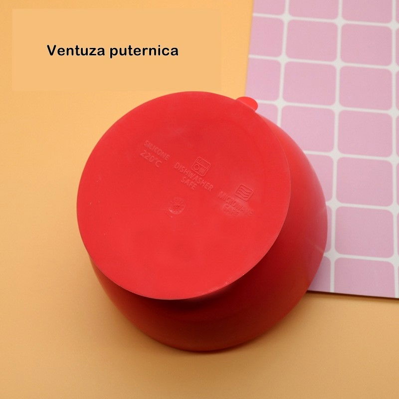 Set 2 piese diversificare bebelusi si copii din silicon  bol cu ventuza, lingurita din lemn si silicon, pentru gustari, fara alergeni, rosu [4]