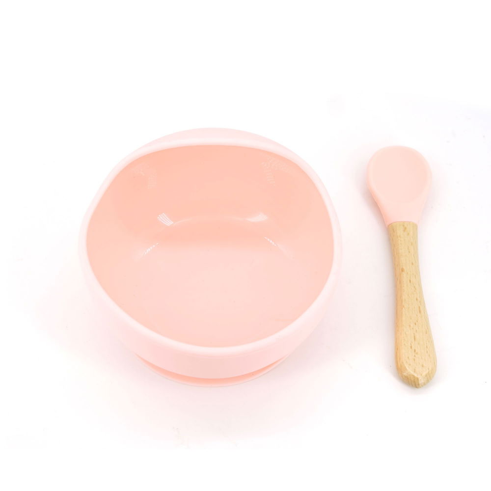 Set 2 piese diversificare bebelusi si copii din silicon  bol cu ventuza, lingurita din lemn si silicon, pentru gustari, fara alergeni, roz [1]