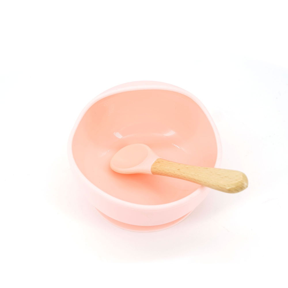 Set 2 piese diversificare bebelusi si copii din silicon  bol cu ventuza, lingurita din lemn si silicon, pentru gustari, fara alergeni, roz [2]