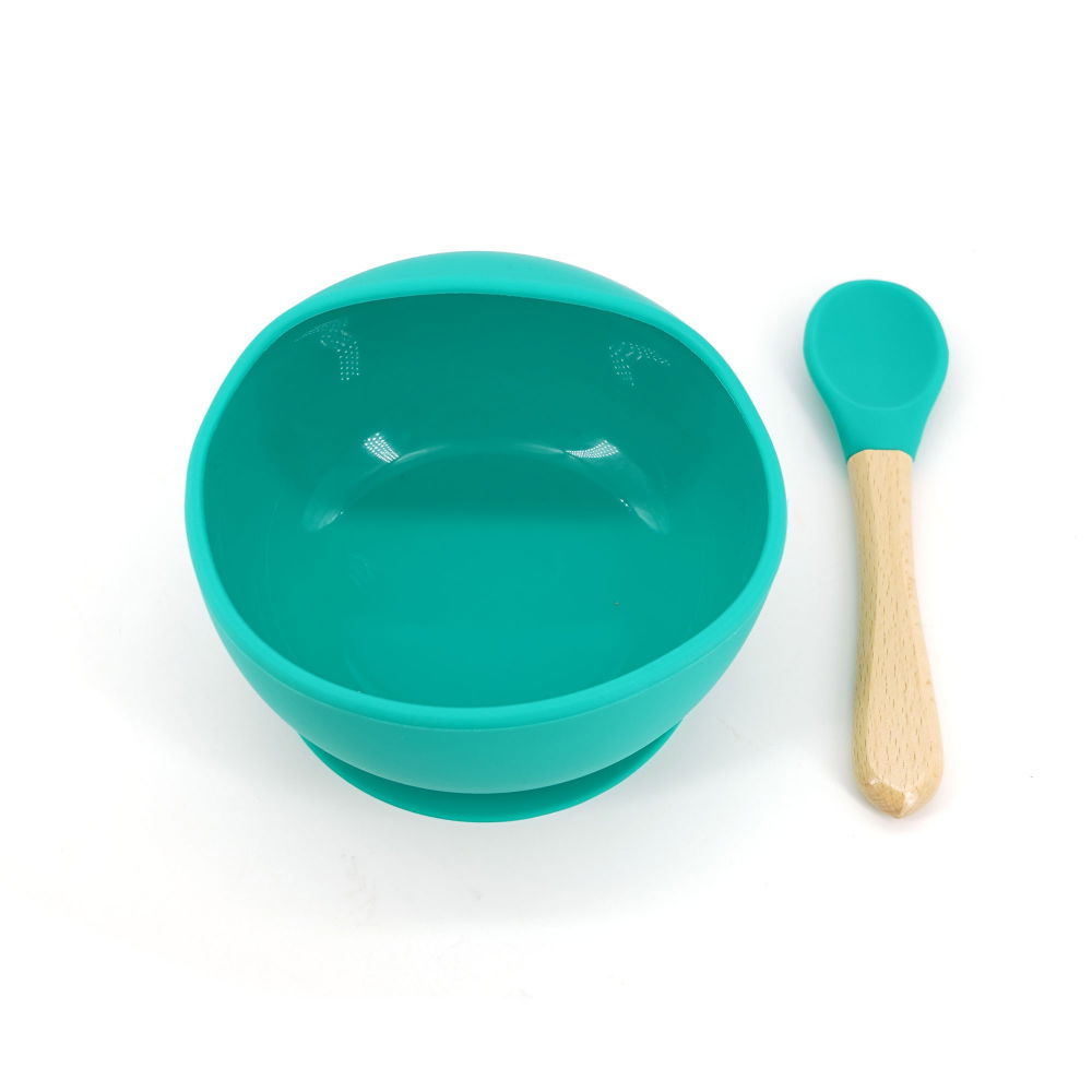 Set 2 piese diversificare bebelusi si copii din silicon  bol cu ventuza, lingurita din lemn si silicon, pentru gustari, fara alergeni, verde [1]