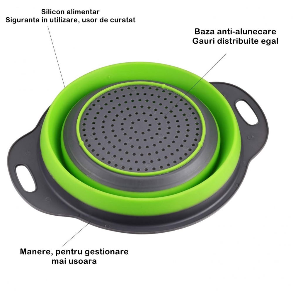 Set 2 strecuratori pliabile din silicon alimentar  cu manere, fund antiaderent si antialunecare, rotunda, doua dimensiuni, usor de depozitat, compatibil cu masina de spalat vase, verde [3]