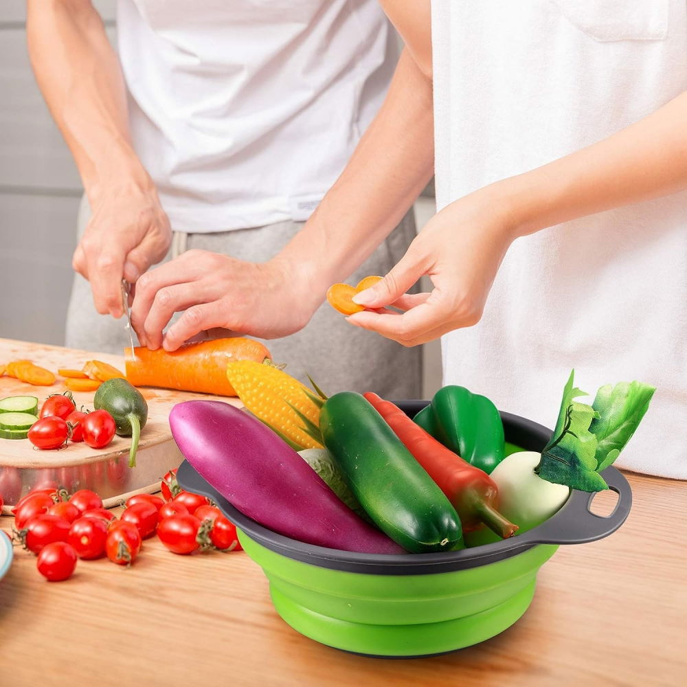 Set 2 strecuratori pliabile din silicon alimentar  cu manere, fund antiaderent si antialunecare, rotunda, doua dimensiuni, usor de depozitat, compatibil cu masina de spalat vase, verde [9]