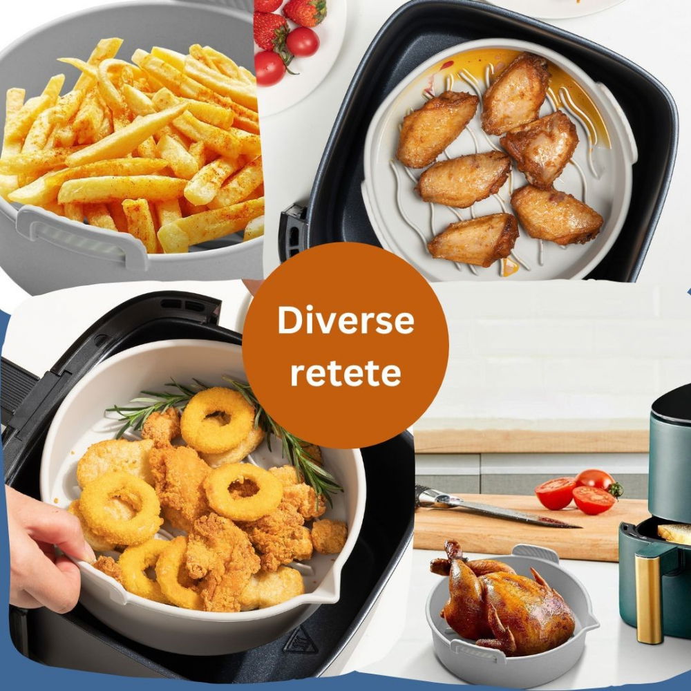Set 2 tavi din silicon ecologic pentru air fryer  temperatura maxima 230 grade, reutilizabile, reciclabile, cu manere anti-alunecare, fund antiaderent, 18.7 x 19.5 x 7 cm, gri [4]