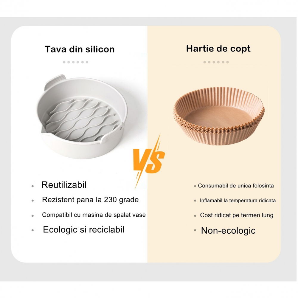 Set 2 tavi din silicon ecologic pentru air fryer  temperatura maxima 230 grade, reutilizabile, reciclabile, cu manere anti-alunecare, fund antiaderent, 18.7 x 19.5 x 7 cm, gri [5]