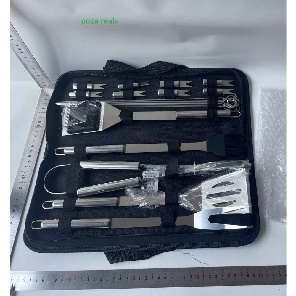 Set 20 ustensile pentru gratar, din otel inoxidabil, geanta oxford, argintiu [2]