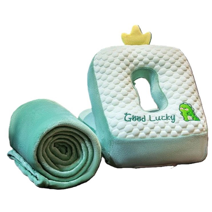 Set 2in1 patura microfibra si perna din spuma, pentru birou, calatorii, pauze, model dinozaur, microfibra, 1x1.7 m, 30x35x30 cm, verde [1]