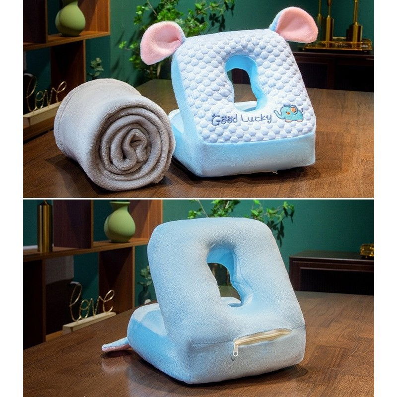 Set 2in1 patura microfibra si perna din spuma, pentru birou, calatorii, pauze, model elefant, microfibra, 1x1.7 m, 30x35x30 cm, albastru [4]