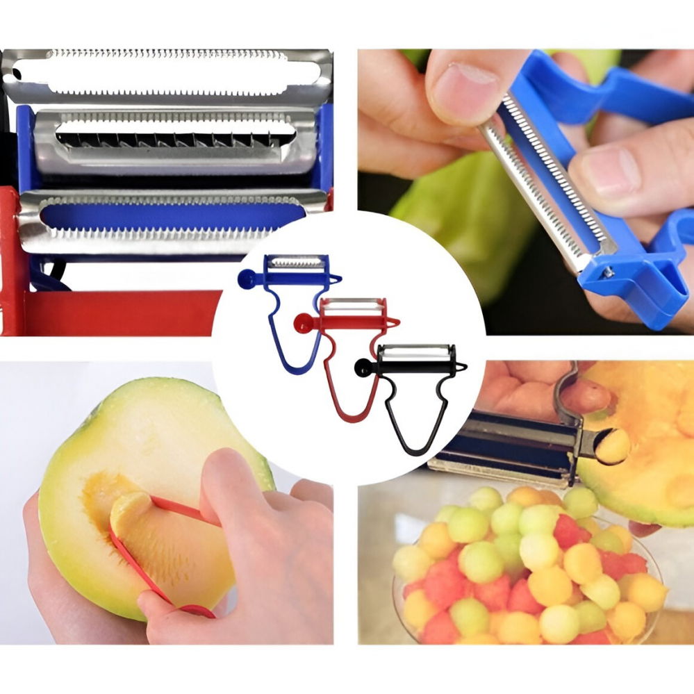 Set 3 accesorii de decojire, razuire si feliere, pentru legume si fructe, negru-rosu-albastru [5]
