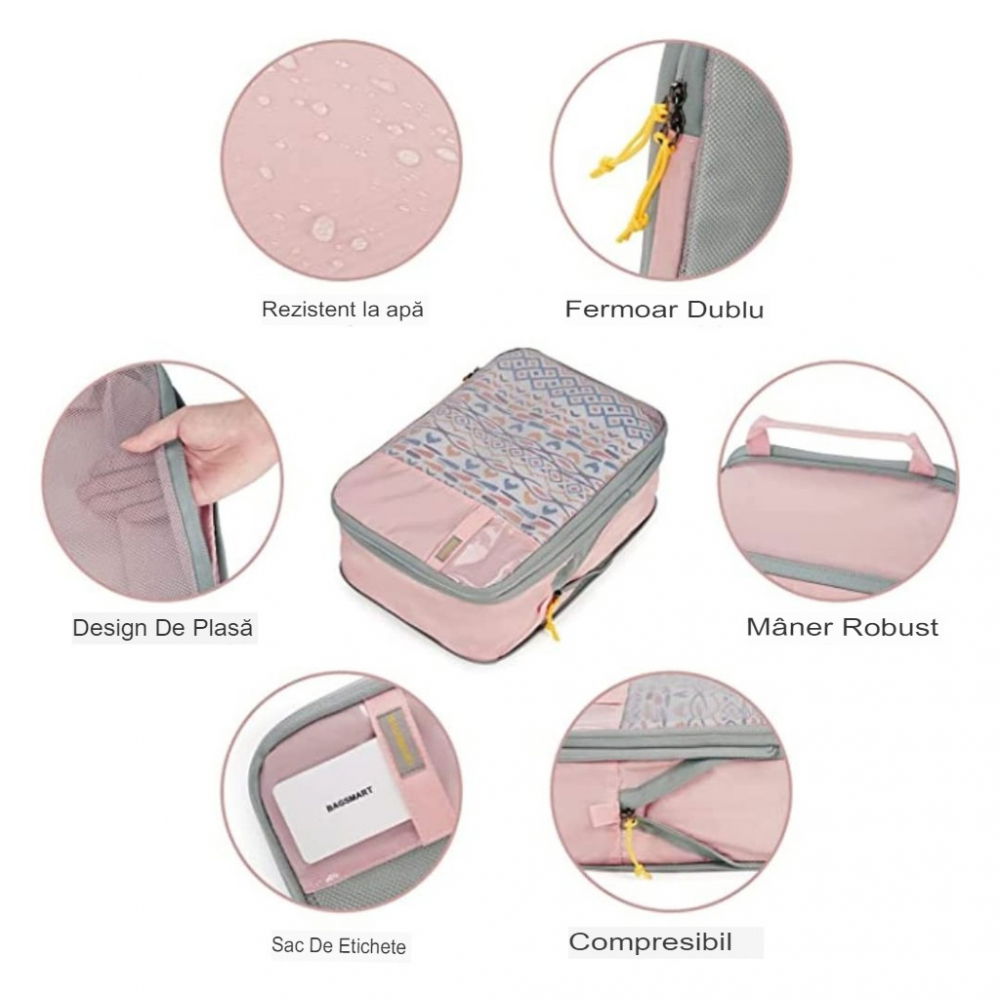 Set 3 genti de calatorie  pentru depozitare, compresibile, 3 dimensiuni, mic, mediu, mare, impermeabile, fermoar dublu, roz [11]