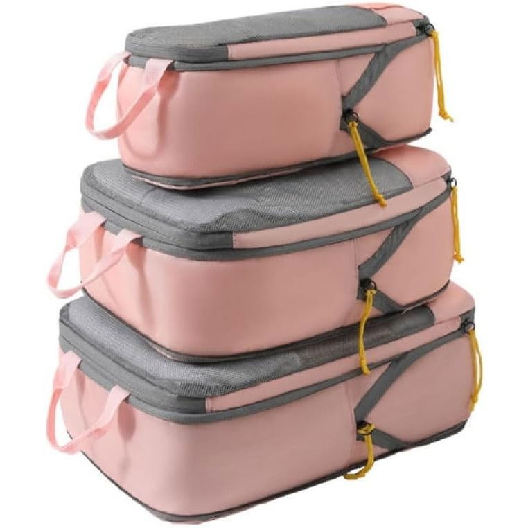 Set 3 genti de calatorie  pentru depozitare, compresibile, 3 dimensiuni, mic, mediu, mare, impermeabile, fermoar dublu, roz [6]