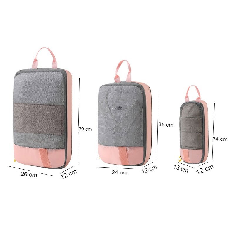 Set 3 genti de calatorie  pentru depozitare, compresibile, 3 dimensiuni, mic, mediu, mare, impermeabile, fermoar dublu, roz [12]