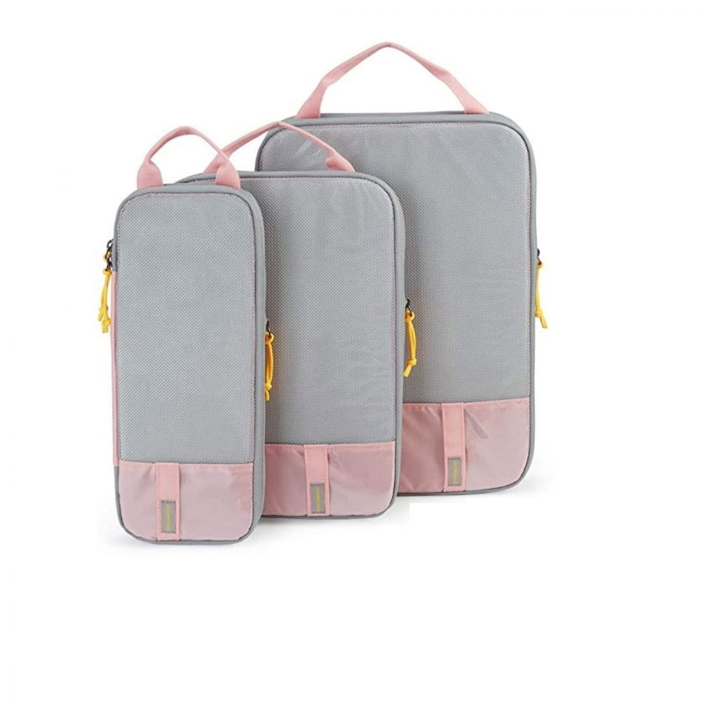 Set 3 genti de calatorie  pentru depozitare, compresibile, 3 dimensiuni, mic, mediu, mare, impermeabile, fermoar dublu, roz [2]