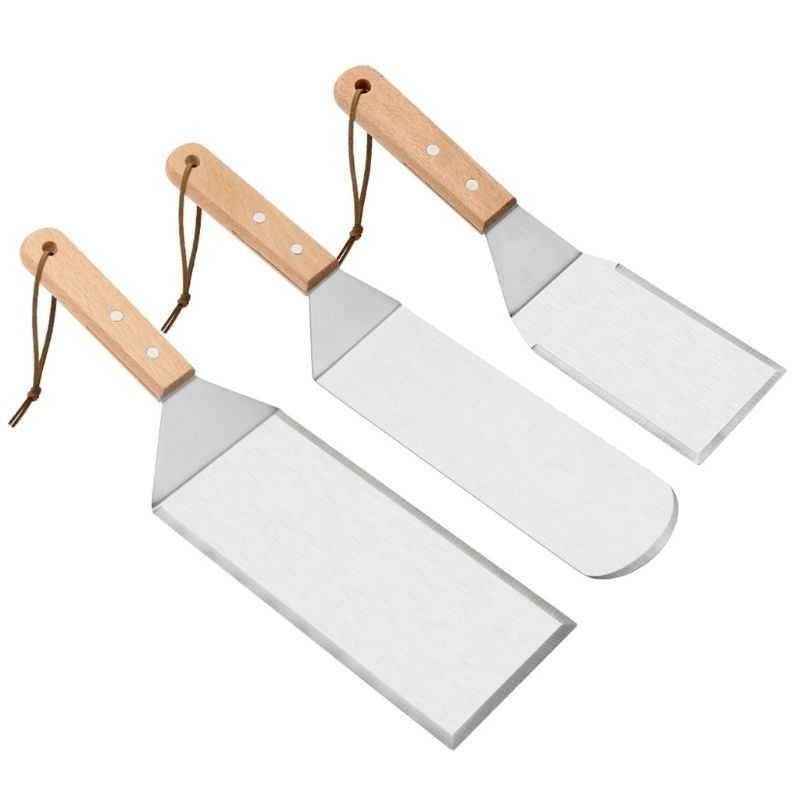Set 3 spatule pentru gratar  din metal, margini subtiri, suprafata antiaderenta, rezistente la temperaturi ridicate, maner ergonomic din lemn, 3 forme, agatatoare, gri [1]