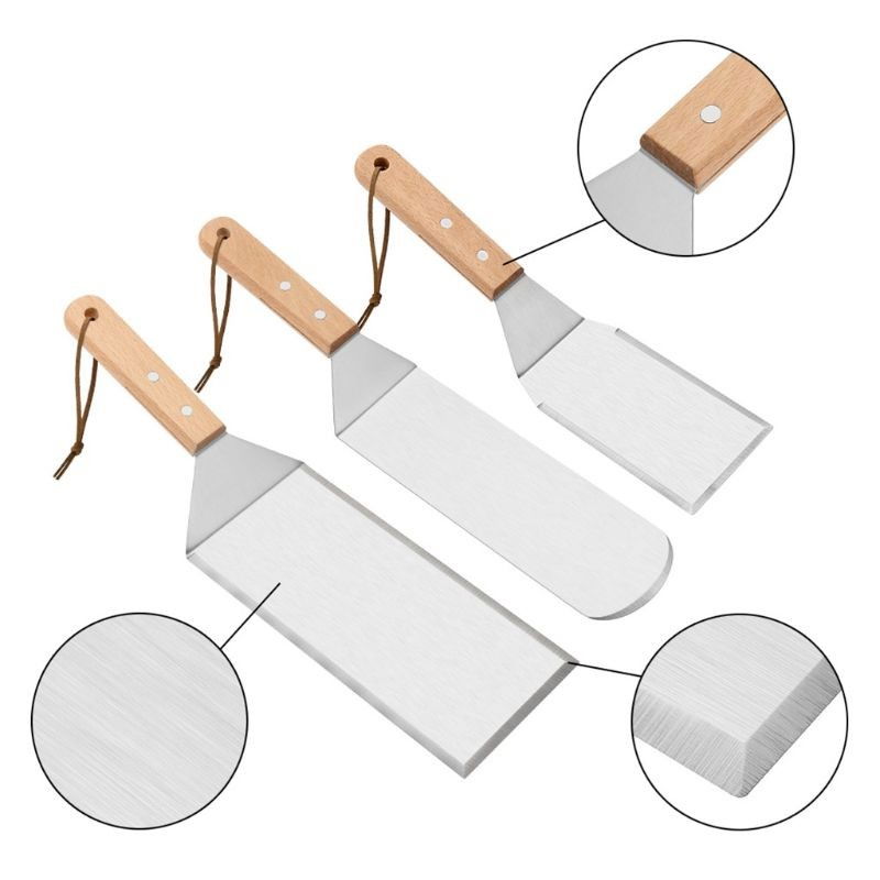 Set 3 spatule pentru gratar  din metal, margini subtiri, suprafata antiaderenta, rezistente la temperaturi ridicate, maner ergonomic din lemn, 3 forme, agatatoare, gri [6]