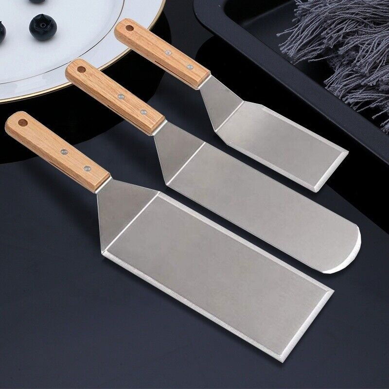 Set 3 spatule pentru gratar  din metal, margini subtiri, suprafata antiaderenta, rezistente la temperaturi ridicate, maner ergonomic din lemn, 3 forme, agatatoare, gri [5]