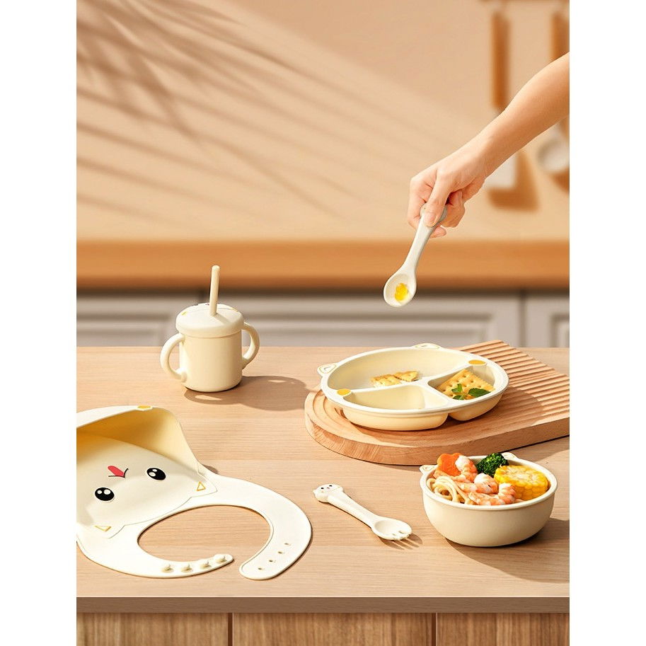 Set 4 piese hranire bebelusi si copii, din silicon, fara bpa, de la 12 luni, model pisicuta, 28 x 26 x 2 cm, bej [4]