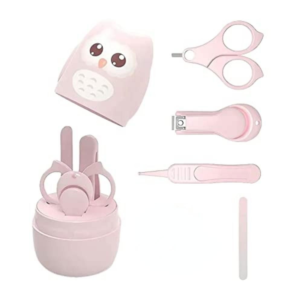 Set 4 piese ingrijire unghii bebelusi, din abs+otel inoxidabil, cutie de depozitare tip bufnita, de la 0 luni, 11.5 x 5 x 11.5 cm, roz [2]
