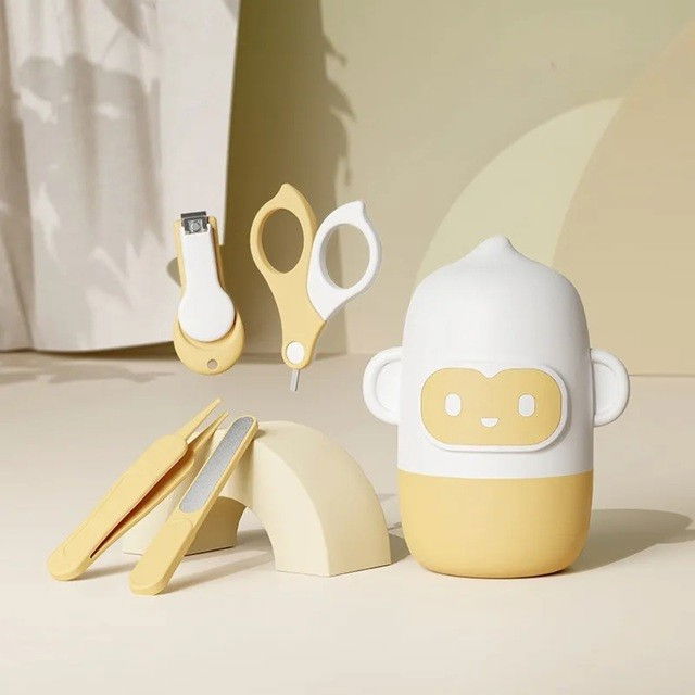 Set 4 piese ingrijire unghii bebelusi, din abs+otel inoxidabil, cutie de depozitare tip maimuta, de la 0 luni, galben [3]