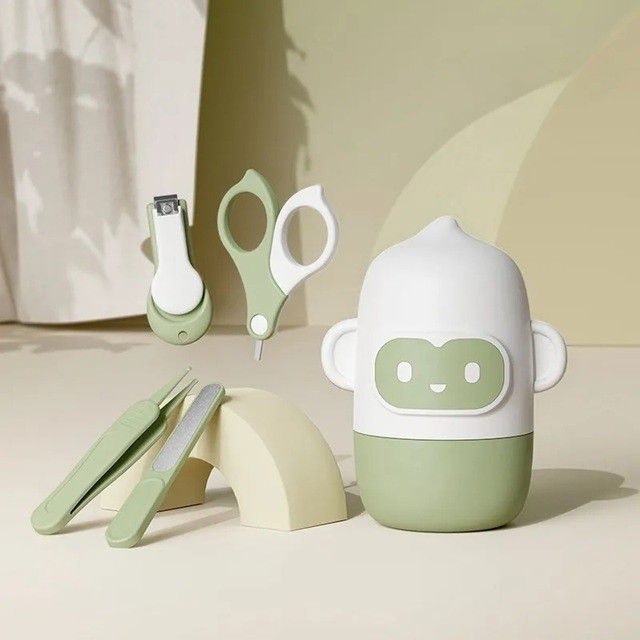 Set 4 piese ingrijire unghii bebelusi, din abs+otel inoxidabil, cutie de depozitare tip maimuta, de la 0 luni, verde [4]