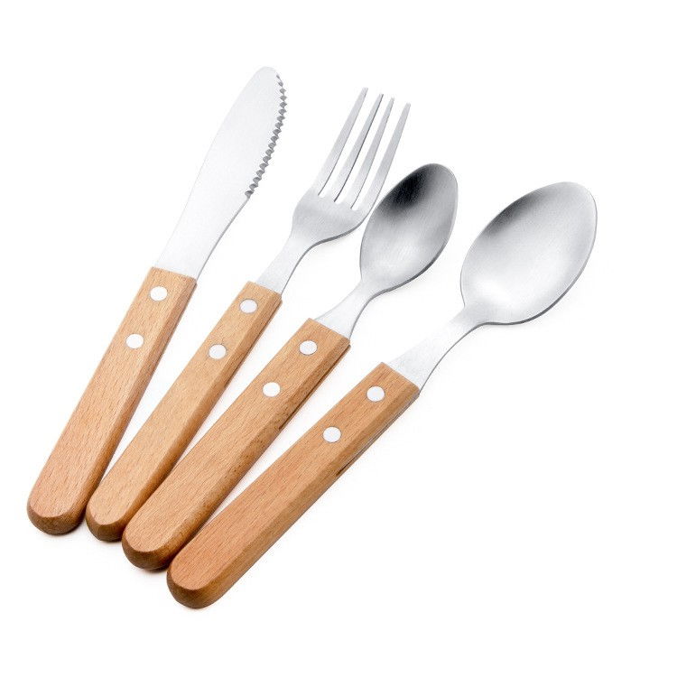 Set 4 tacamuri pentru masa  otel 304, lingura, lingurita desert, cutit, furculita, maner din lemn de fag, 20 x 4 x 2 cm, gri [1]