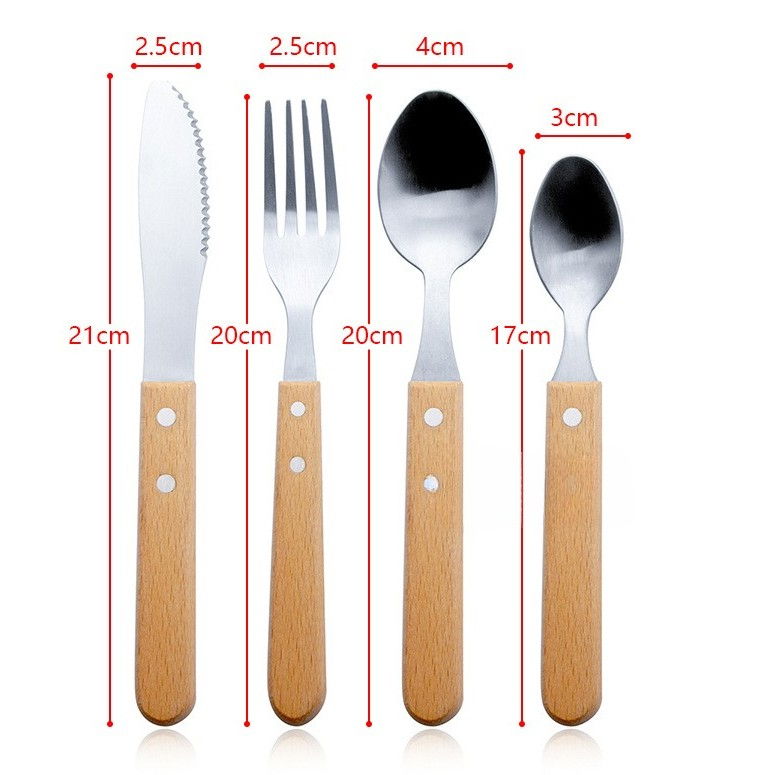 Set 4 tacamuri pentru masa  otel 304, lingura, lingurita desert, cutit, furculita, maner din lemn de fag, 20 x 4 x 2 cm, gri [6]