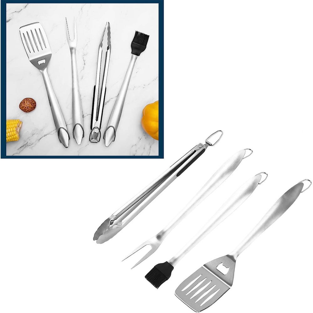 Set 4 ustensile pentru gratar  din otel inoxidabil, cu agatatoare, rezistente la temperaturi ridicate, argintiu [5]