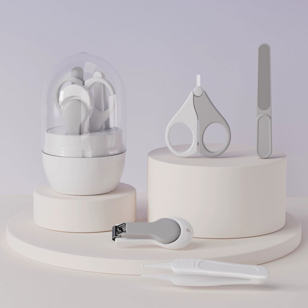 Set 4in1 de ingrijire unghii pentru bebelusi, cutie de depozitare tip borcan, 0-6 ani, 10 x 7 x 6 cm, alb/gri [4]