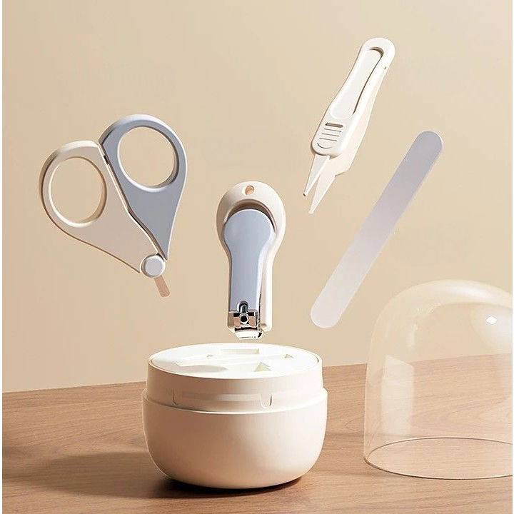 Set 4in1 de ingrijire unghii pentru bebelusi, cutie de depozitare tip borcan, 0-6 ani, 10 x 7 x 6 cm, alb/gri [5]
