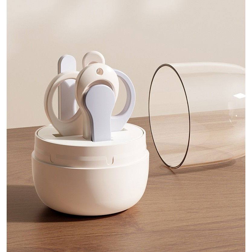 Set 4in1 de ingrijire unghii pentru bebelusi, cutie de depozitare tip borcan, 0-6 ani, 10 x 7 x 6 cm, alb/gri [2]