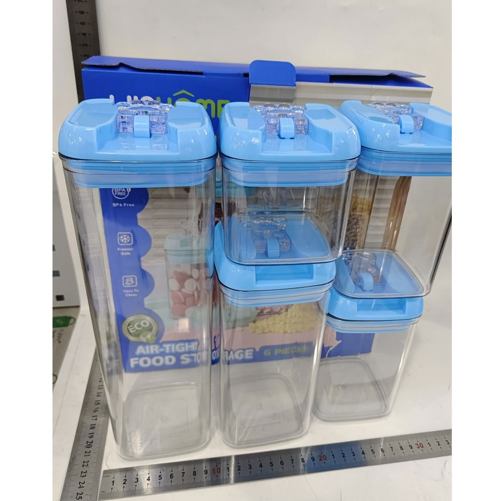 Set 5 cutii de depozitare alimente, 1 x 500ml, 2 x 800ml, 1 x 1200ml, 1 x 1900ml, capac albastru, din pp+pet, inchidere ermetica, transparent [9]