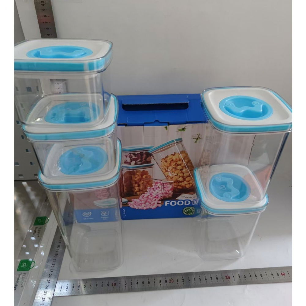 Set 5 cutii de depozitare pentru bucatarie, 2 x 600ml, 2 x 1.3l, 1 x 2l, din abs+pet+silicon, capac alb/albastru, 23 x 10 x 10 cm, transparent [6]