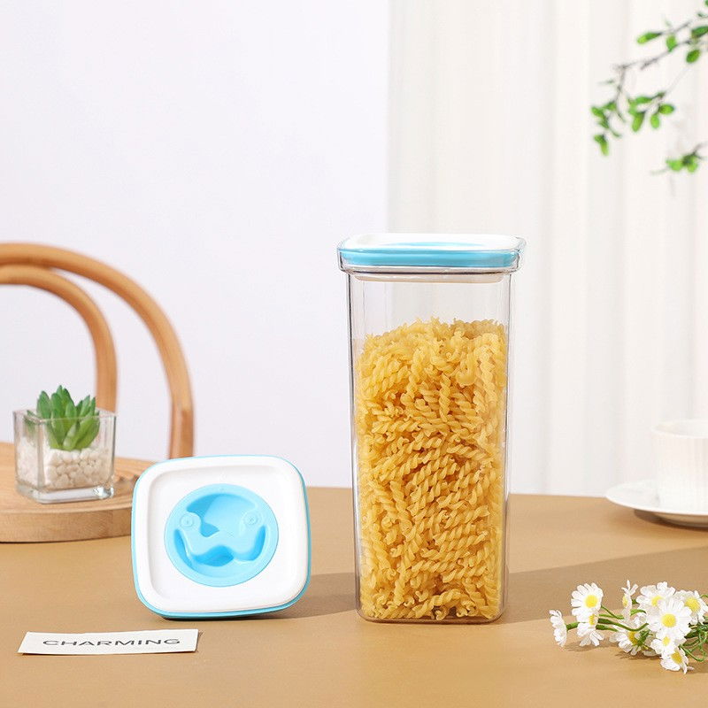 Set 5 cutii de depozitare pentru bucatarie, 2 x 600ml, 2 x 1.3l, 1 x 2l, din abs+pet+silicon, capac alb/albastru, 23 x 10 x 10 cm, transparent [5]