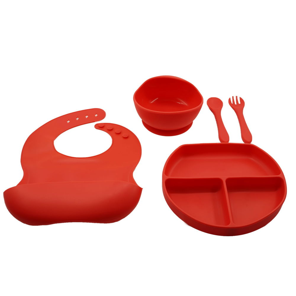 Set 5 piese diversificare bebelusi si copii din silicon  baveta, farfurie compartimentata cu ventuza, bol cu ventuza, tacamuri, fara alergeni, rosu [1]
