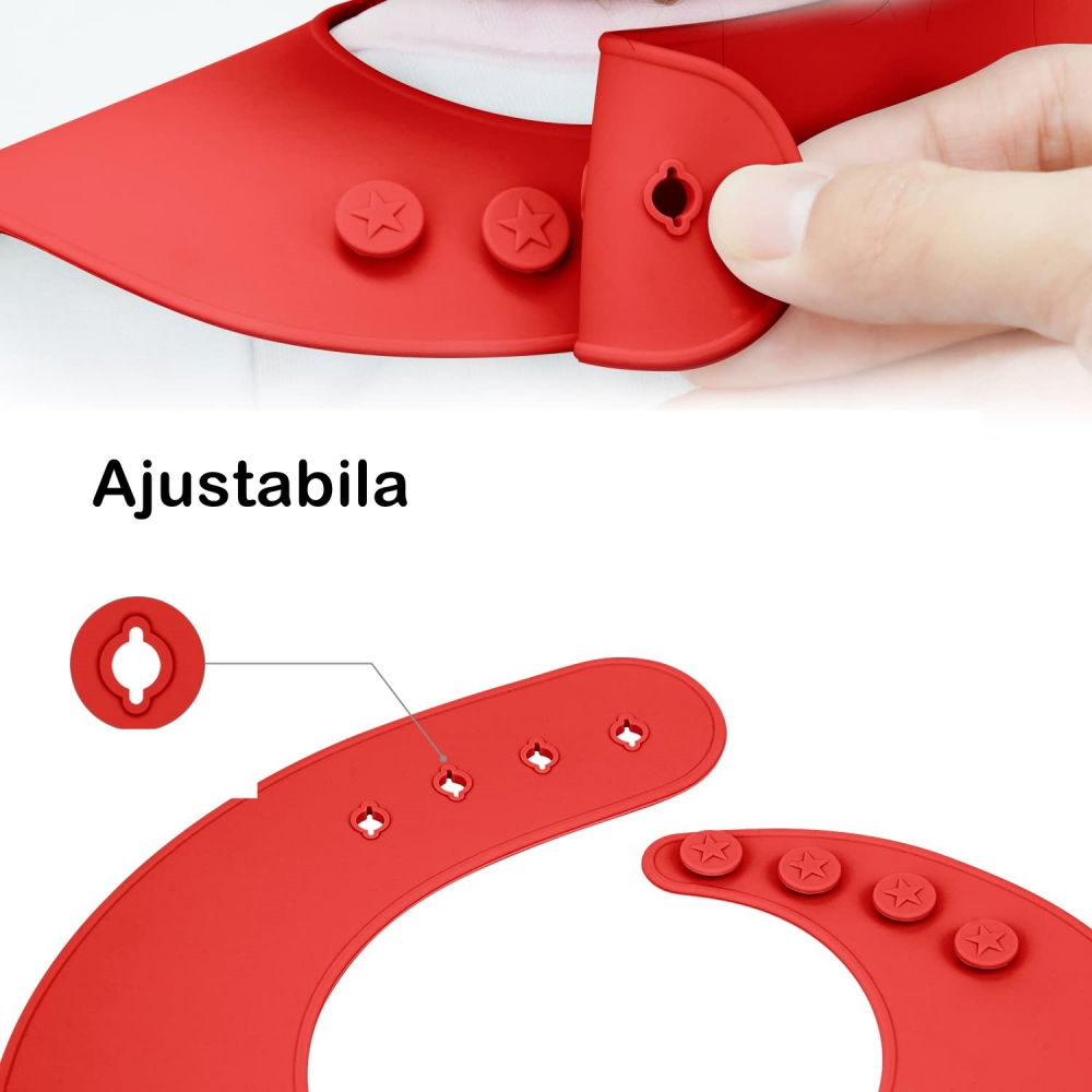 Set 5 piese diversificare bebelusi si copii din silicon  baveta, farfurie compartimentata cu ventuza, bol cu ventuza, tacamuri, fara alergeni, rosu [3]