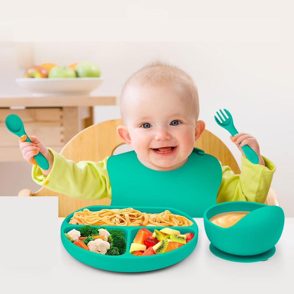 Set 5 piese diversificare bebelusi si copii din silicon  baveta, farfurie compartimentata cu ventuza, bol cu ventuza, tacamuri, fara alergeni, verde [4]
