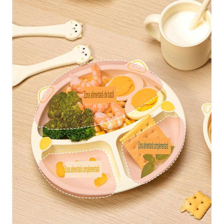 Set 5 piese hranire bebelusi si copii, din silicon, fara bpa, de la 12 luni, model pisicuta, 28 x 26 x 2 cm, bej [4]