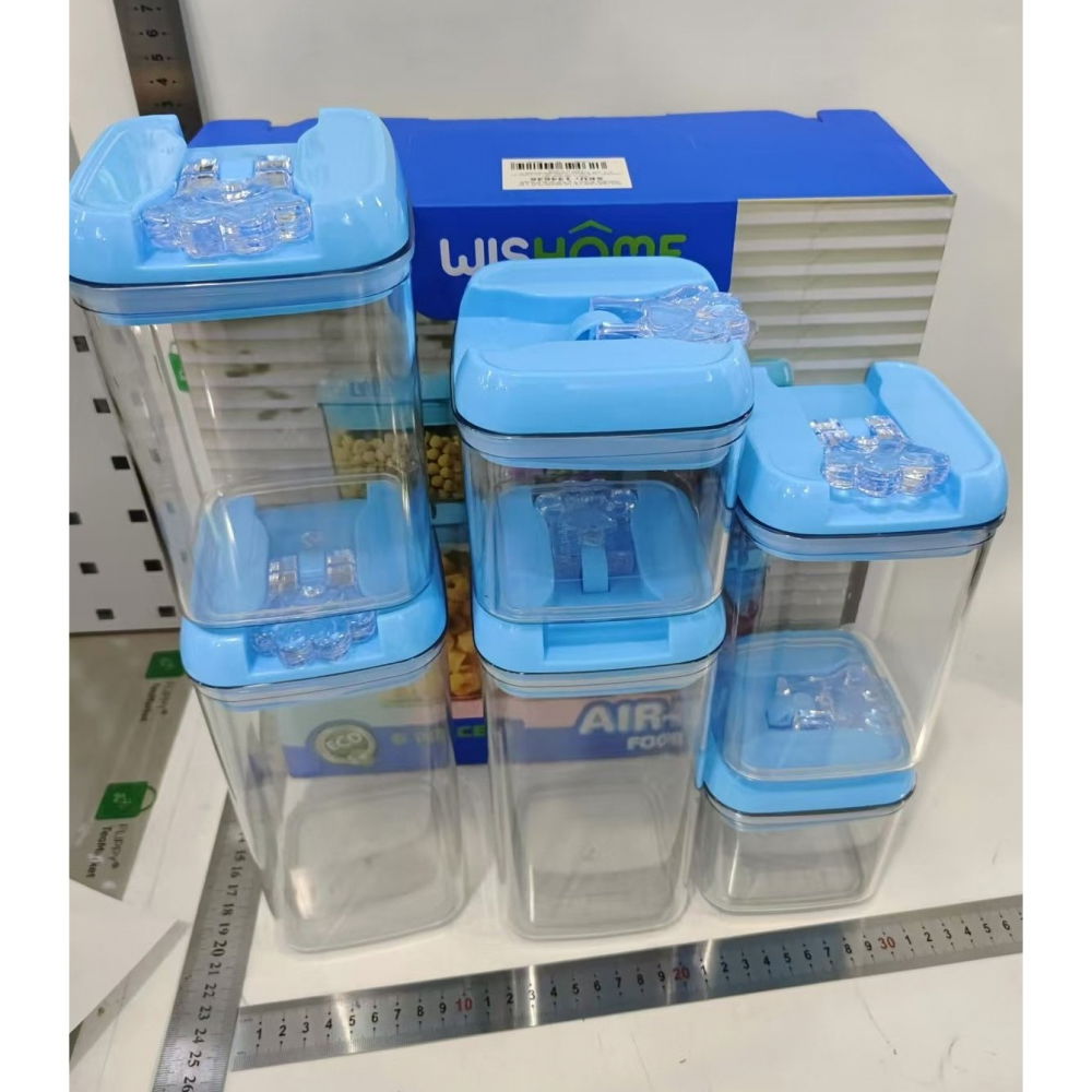 Set 6 cutii de depozitare alimente, 2 x 500ml, 2 x 800ml, 2 x 1200ml, capac albastru, din pp+pet, inchidere ermetica, transparent [10]