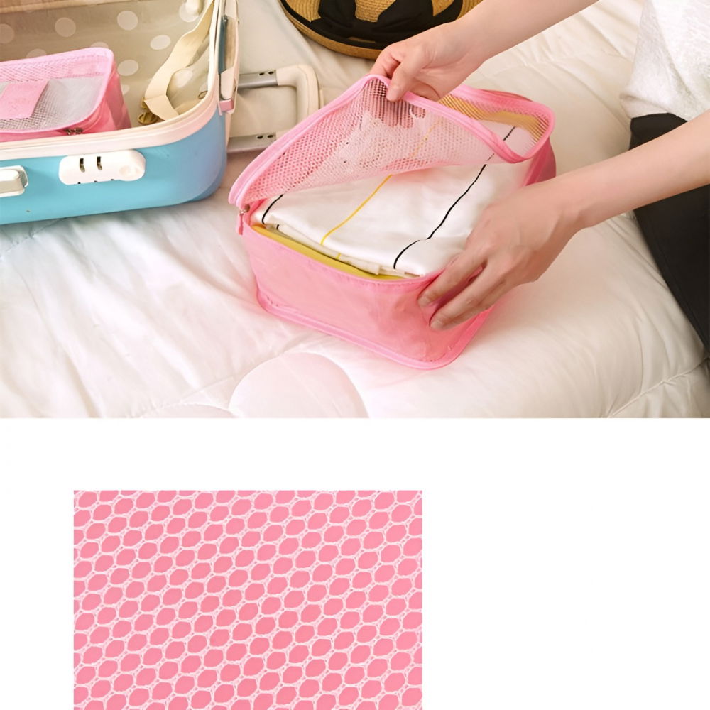 Set 6 genți de calatorie, pentru depozitare, impermeabile, organizator, multifuncționale, design cu plasa, pliabile, fermoar, dimensiuni diferite, roz [6]