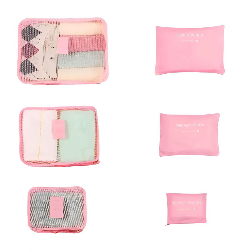 Set 6 genți de calatorie, pentru depozitare, impermeabile, organizator, multifuncționale, design cu plasa, pliabile, fermoar, dimensiuni diferite, roz [1]