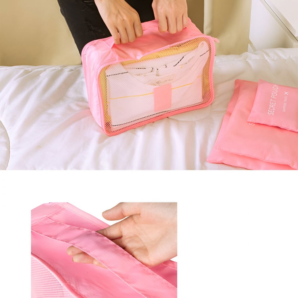 Set 6 genți de calatorie, pentru depozitare, impermeabile, organizator, multifuncționale, design cu plasa, pliabile, fermoar, dimensiuni diferite, roz [7]