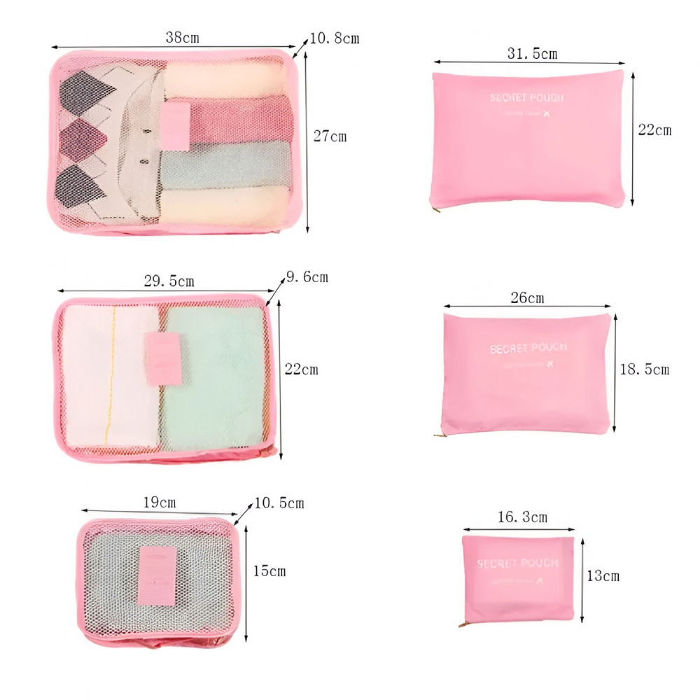 Set 6 genți de calatorie, pentru depozitare, impermeabile, organizator, multifuncționale, design cu plasa, pliabile, fermoar, dimensiuni diferite, roz [2]