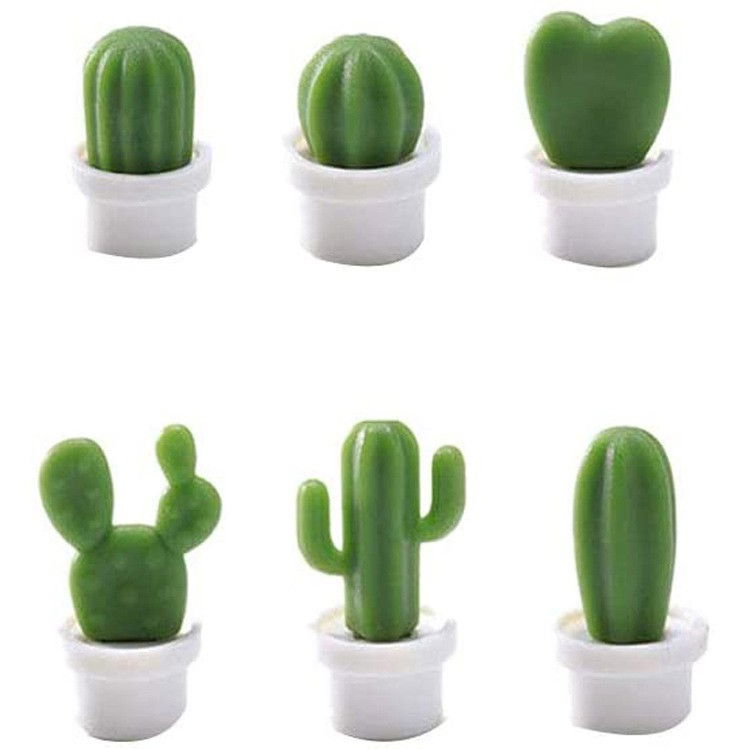 Set 6 magneti de frigider, model cactusi in ghiveci, din abs si magnet, verde/alb [9]