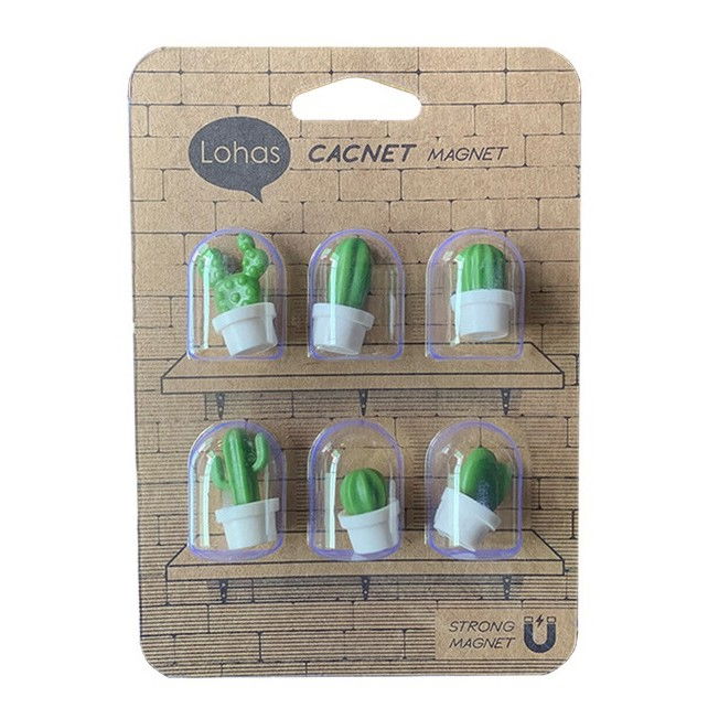Set 6 magneti de frigider, model cactusi in ghiveci, din abs si magnet, verde/alb [8]